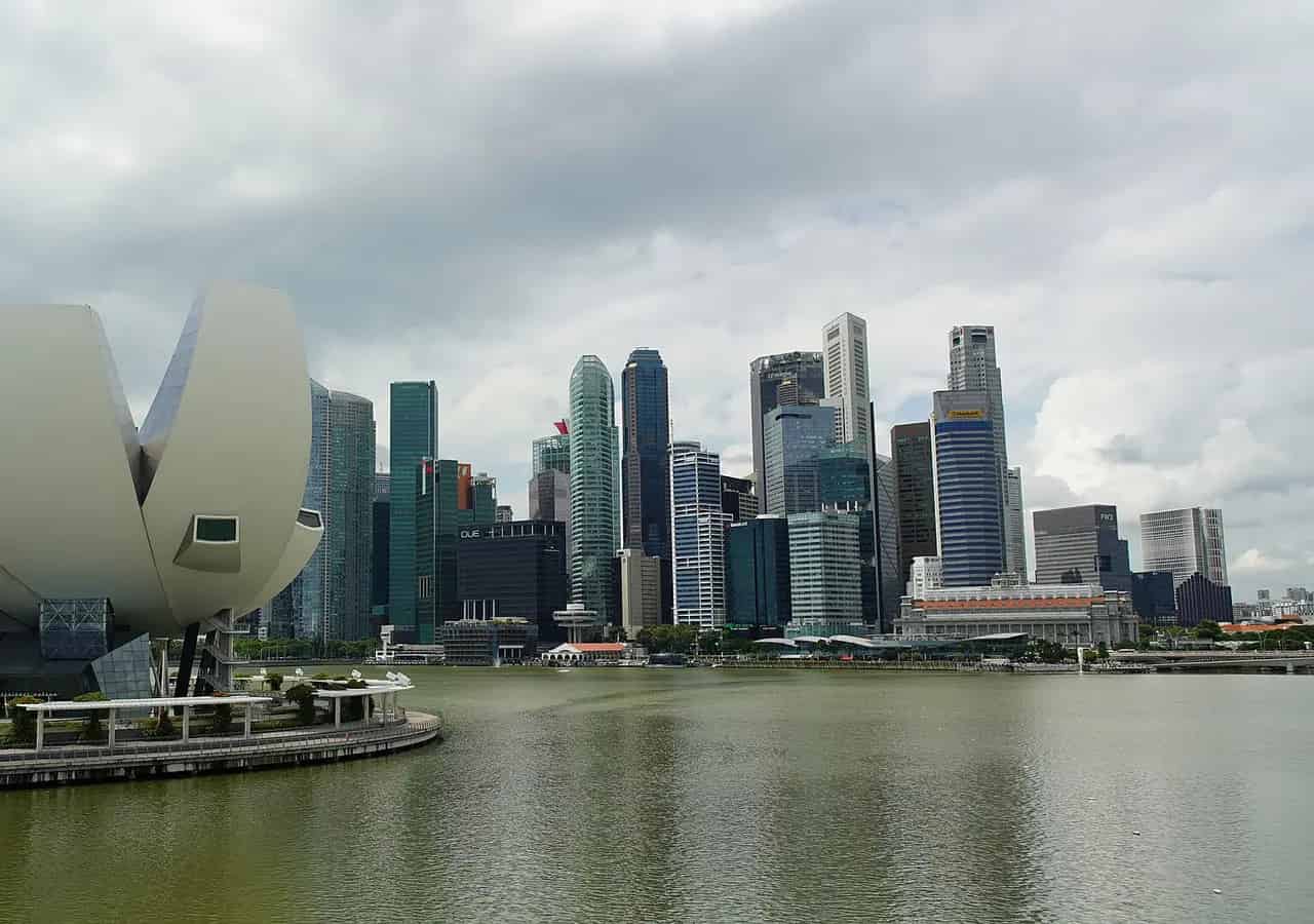 Singapore skyline and ArtScience Museum. Location context only; this is not a photograph of Kong Meng San Phor Kark See Monastery.