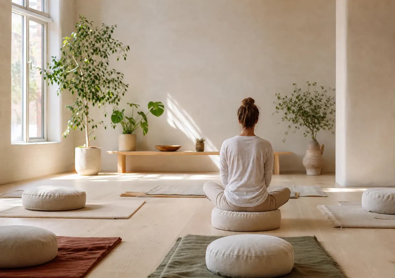 Illustrative meditation scene in a bright contemporary studio