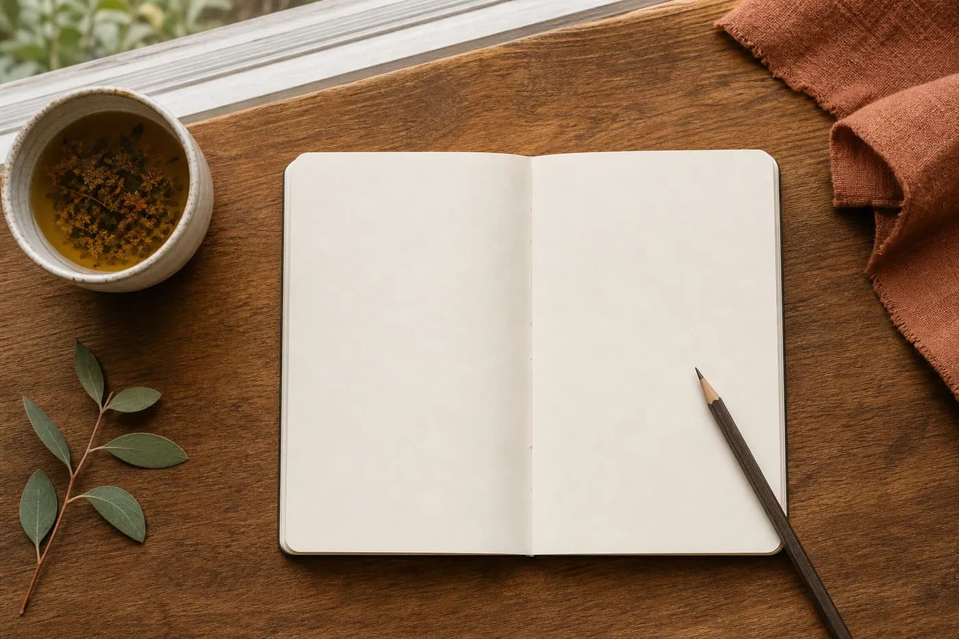 An open blank notebook with a pencil on a wooden table